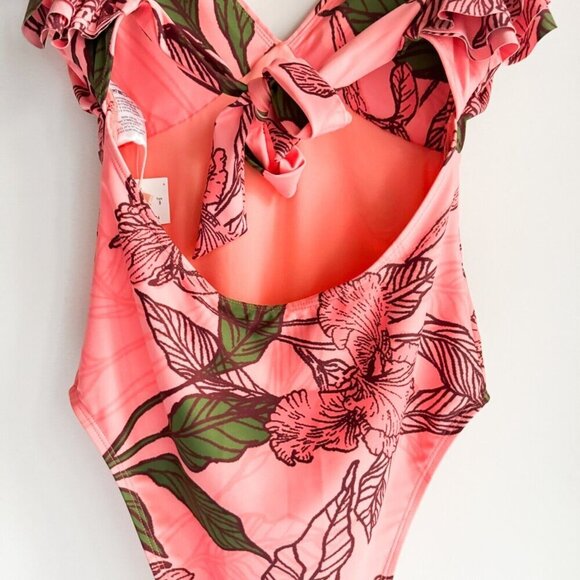 Hutch Floral Salmon Pink Ruffle Detail One Piece Swimsuit S - Picture 3 of 8